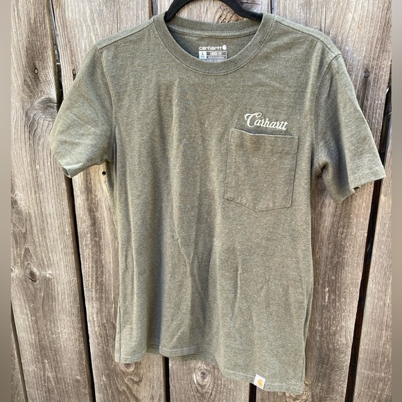 Women's Carhartt T-Shirt Green Spell-Out Cursive S Crew Cotton Pocket Cursive - Picture 4 of 12